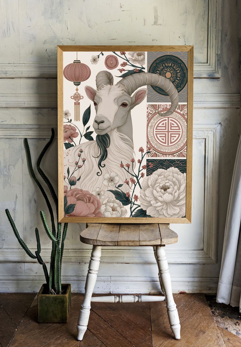 Floral Goat Illustration Poster. — room view 1