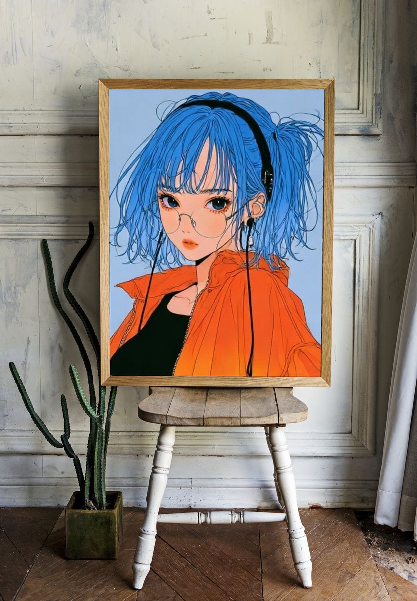 Blue-Haired Anime Girl Illustration Poster. — room view 1