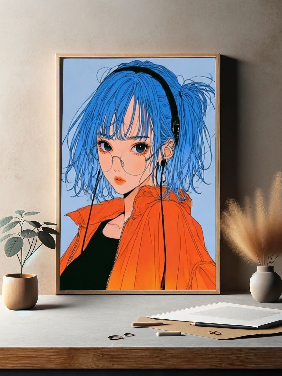 Blue-Haired Anime Girl Illustration Poster. — room view 2