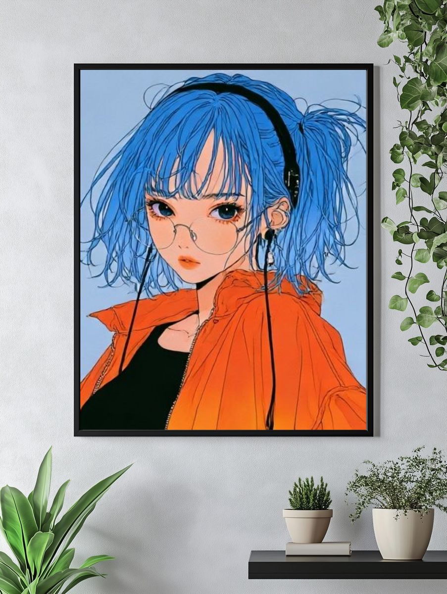 Blue-Haired Anime Girl Illustration Poster. — room view 4