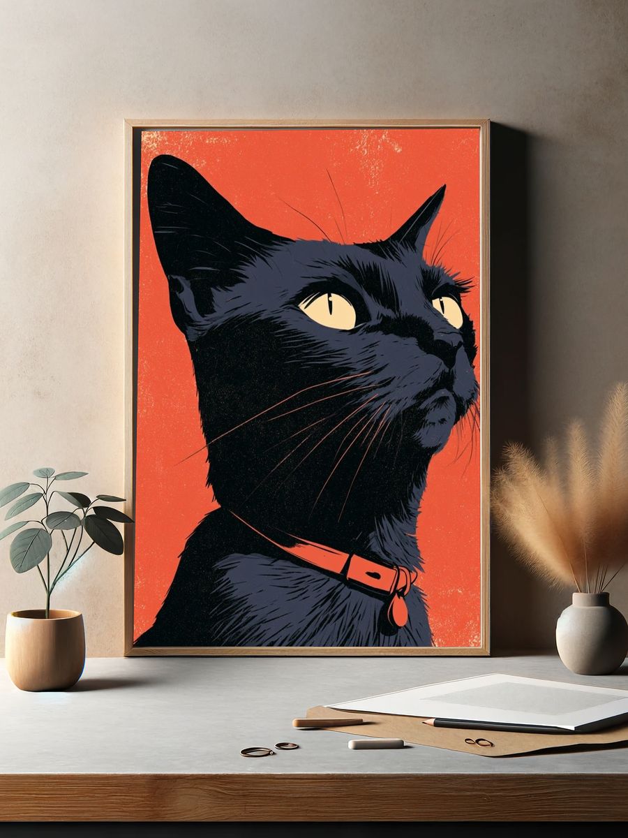 Black Cat Portrait Illustration Poster. — room view 2