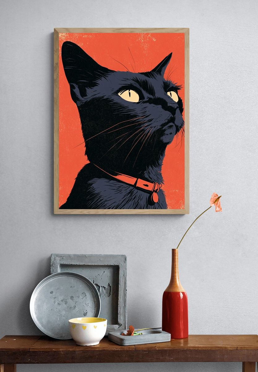 Black Cat Portrait Illustration Poster. — room view 3