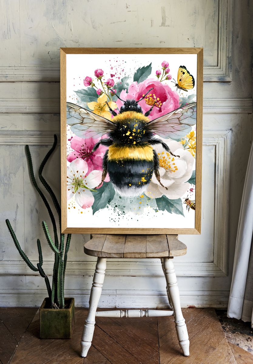 Bumblebee Blossom Watercolor Poster. — room view 1