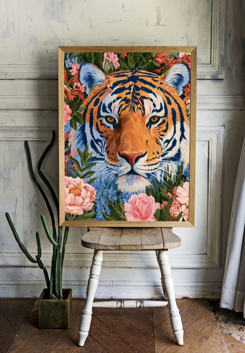 Tiger in Bloom Illustration Poster. — room view 1