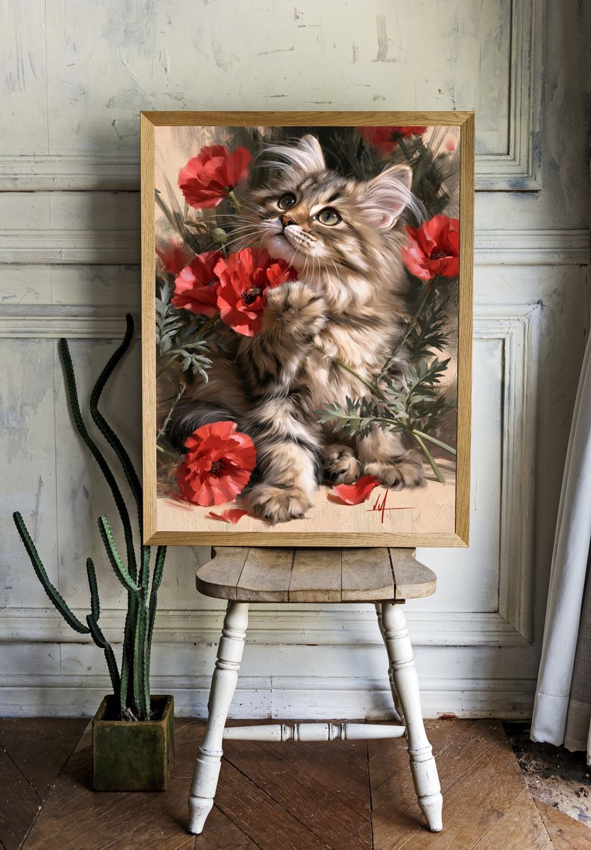 Floral Cat Portrait Illustration Poster. — room view 1