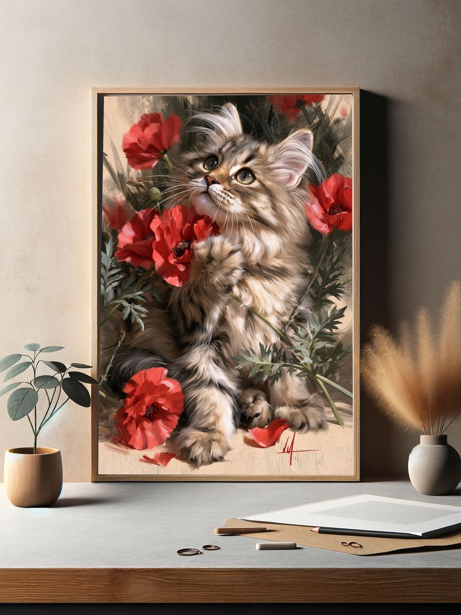 Floral Cat Portrait Illustration Poster. — room view 2