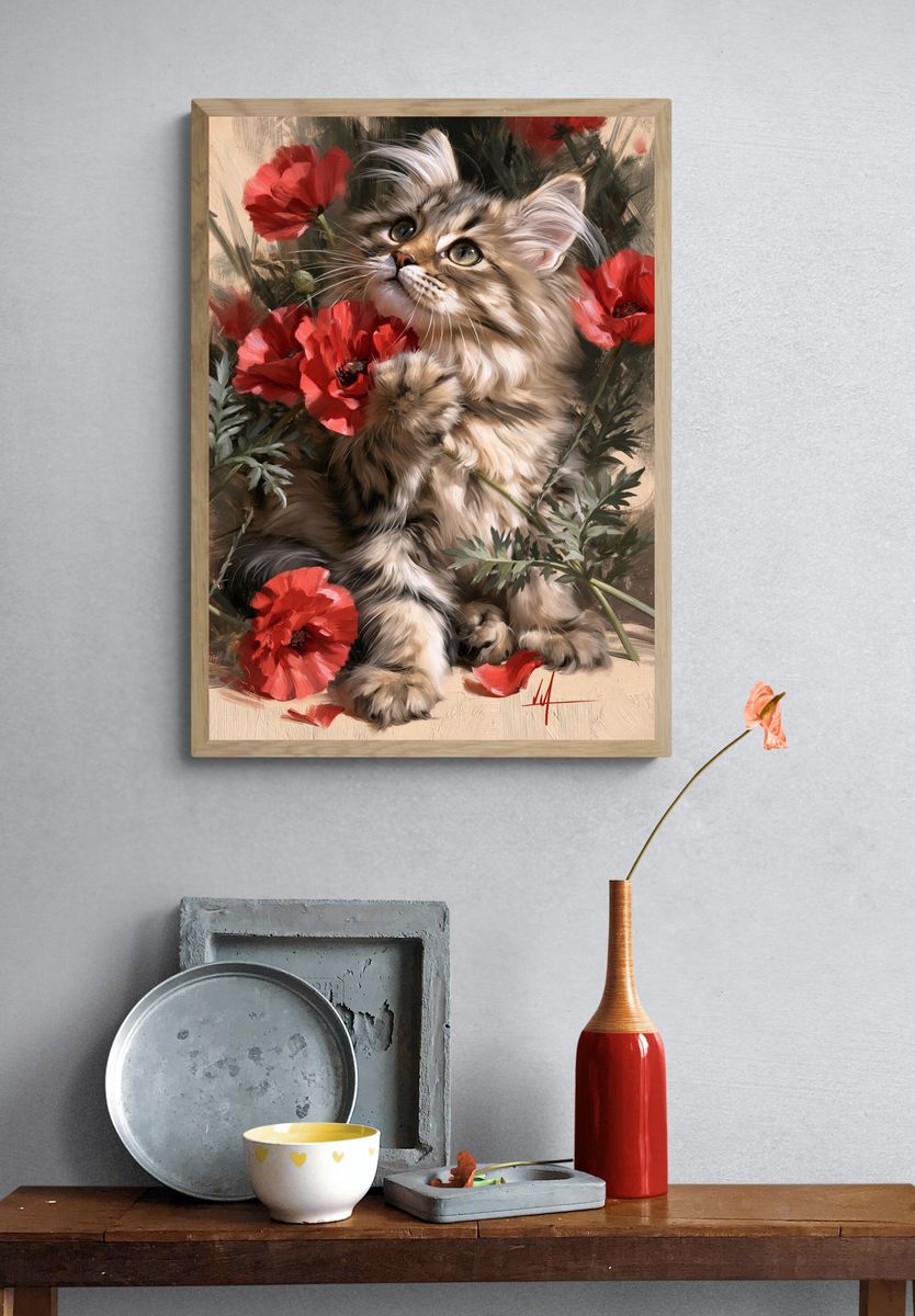 Floral Cat Portrait Illustration Poster. — room view 3