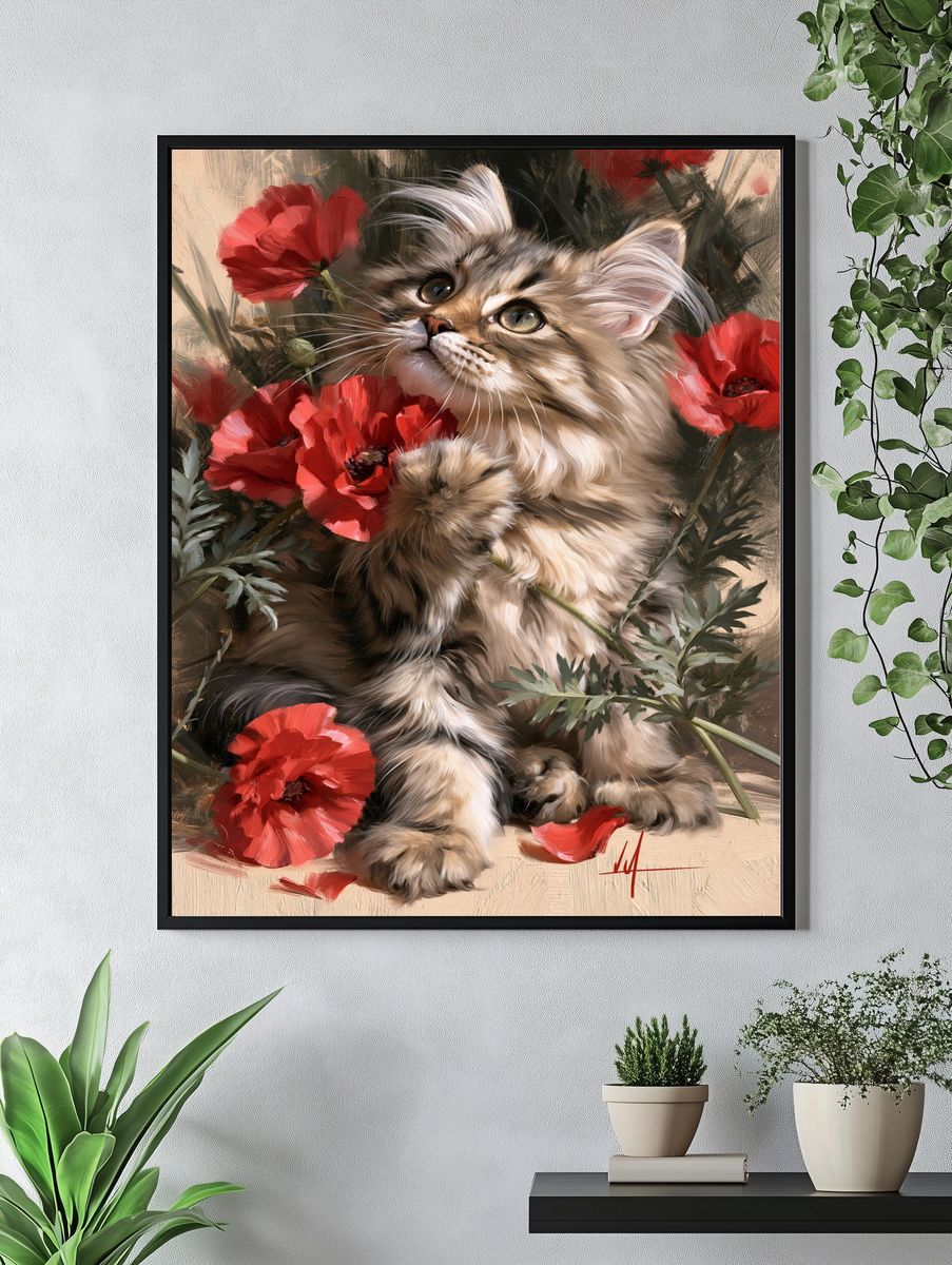 Floral Cat Portrait Illustration Poster. — room view 4