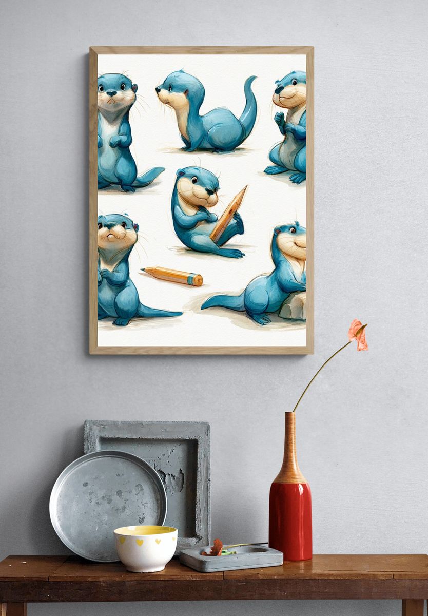 Cute Otter Sketches Illustration Poster. — room view 3