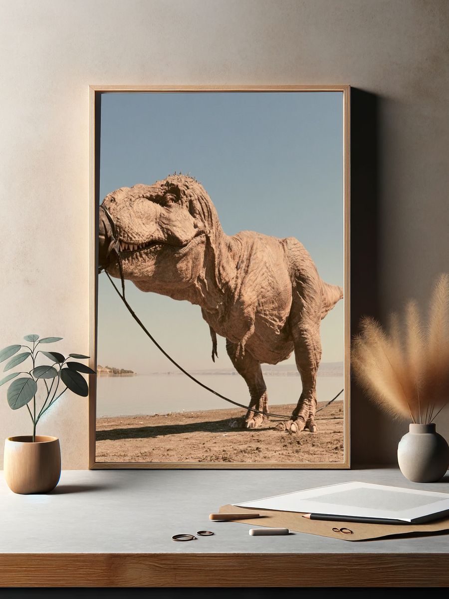 Tethered T-Rex Desert Photography Poster. — room view 2