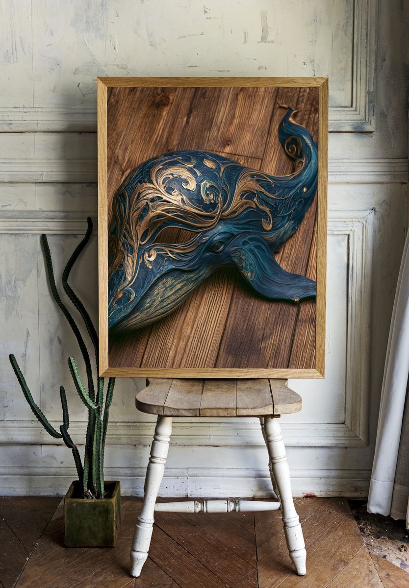 Ornate Blue Whale Illustration Poster. — room view 1