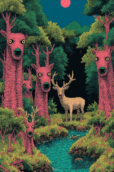 Surreal Deer Forest Illustration Poster. poster