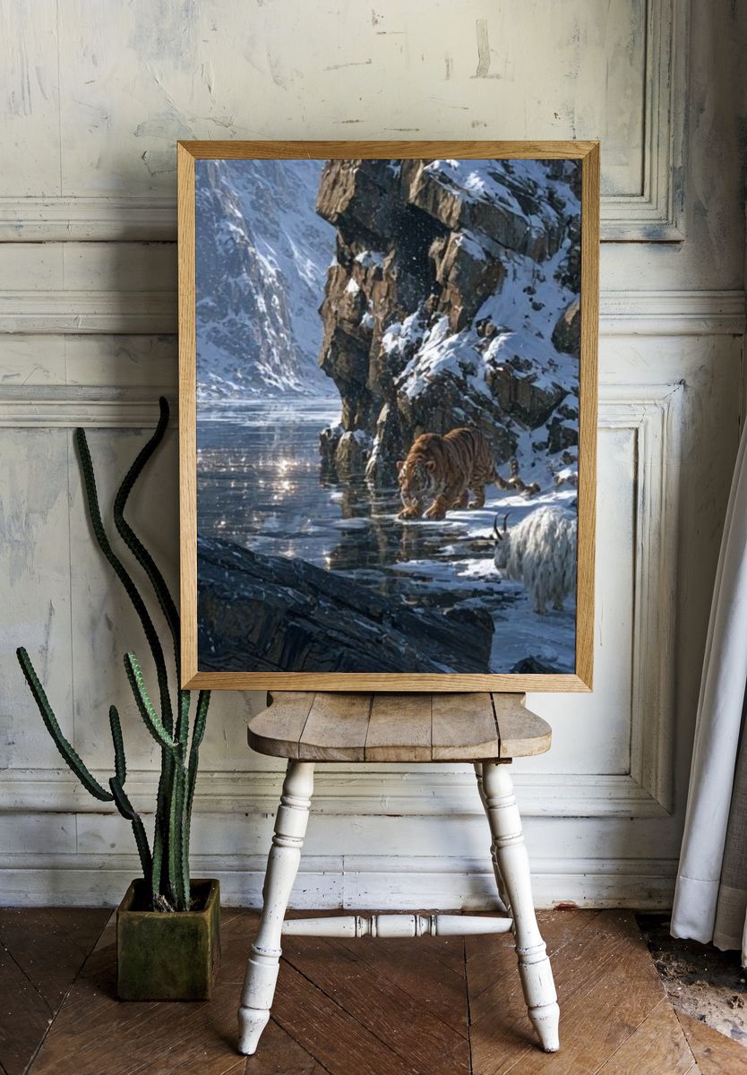 Snowy Tiger Hunt Photography Poster. — room view 1