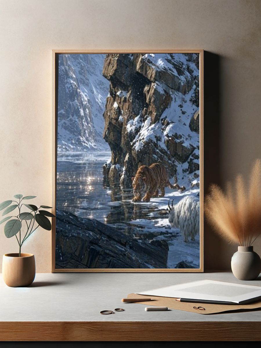 Snowy Tiger Hunt Photography Poster. — room view 2