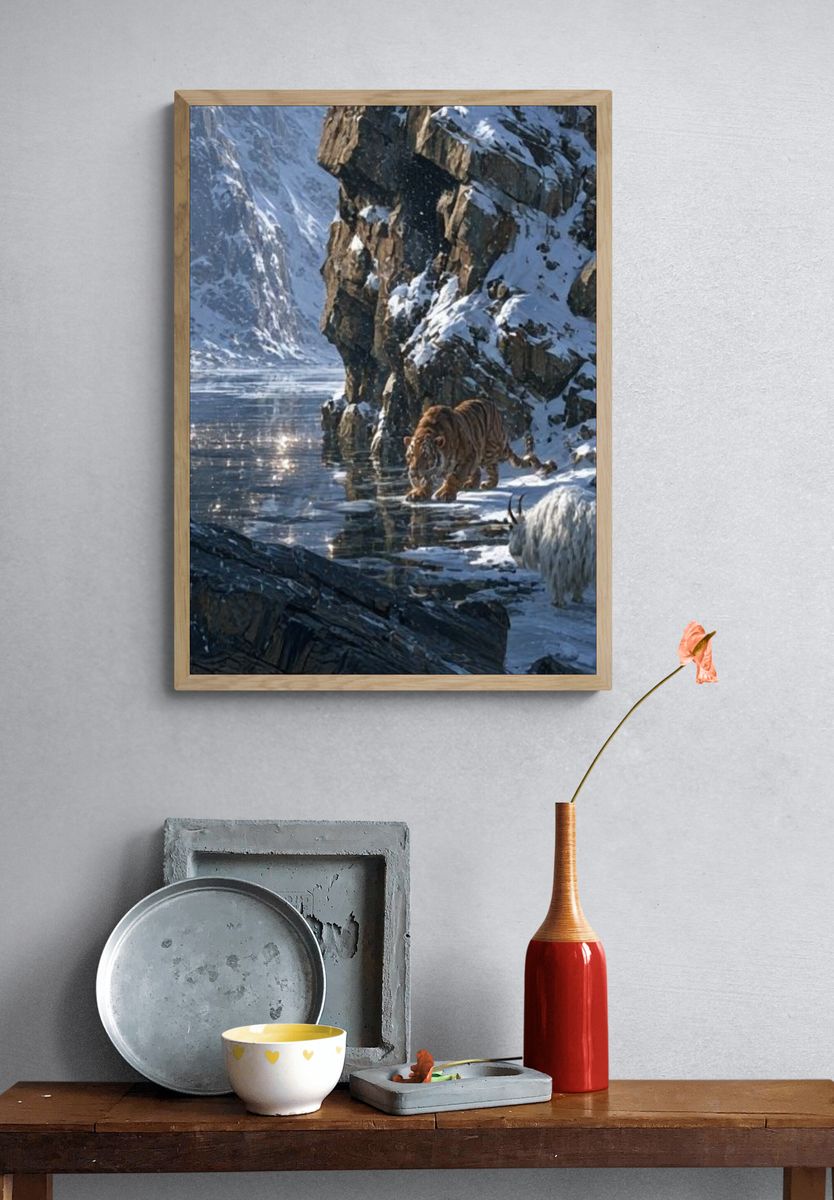 Snowy Tiger Hunt Photography Poster. — room view 3