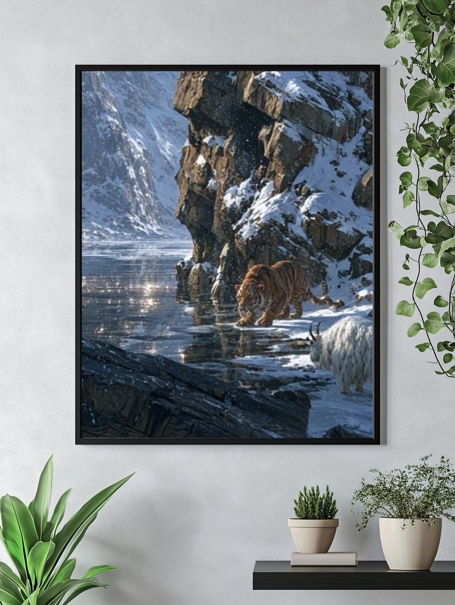 Snowy Tiger Hunt Photography Poster. — room view 4