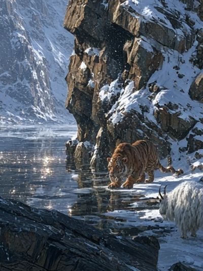 Snowy Tiger Hunt Photography Poster.