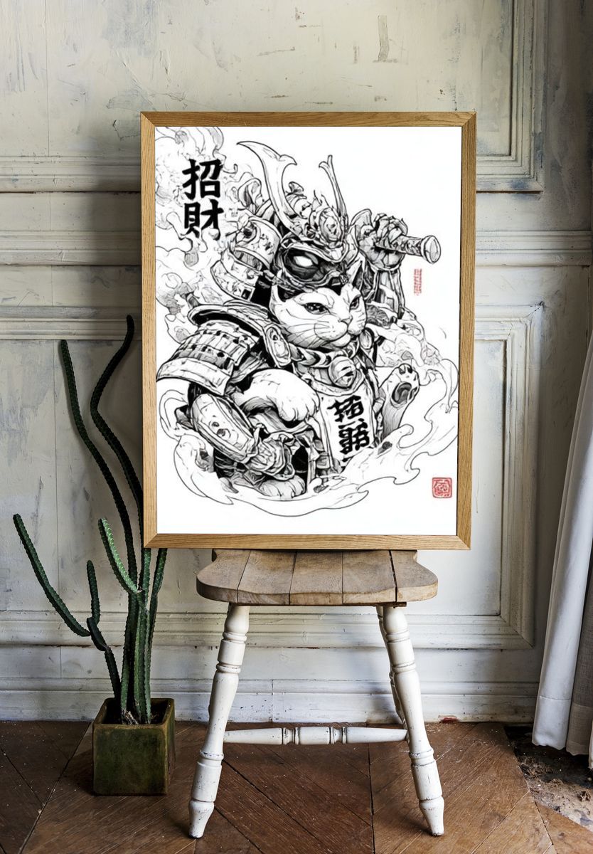 Samurai Cat Ink Illustration Poster. — room view 1
