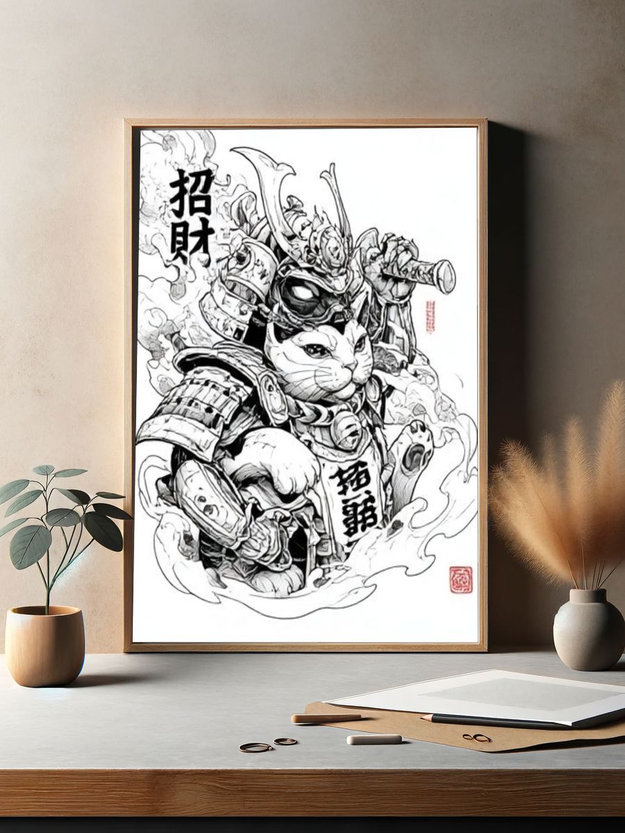 Samurai Cat Ink Illustration Poster. — room view 2