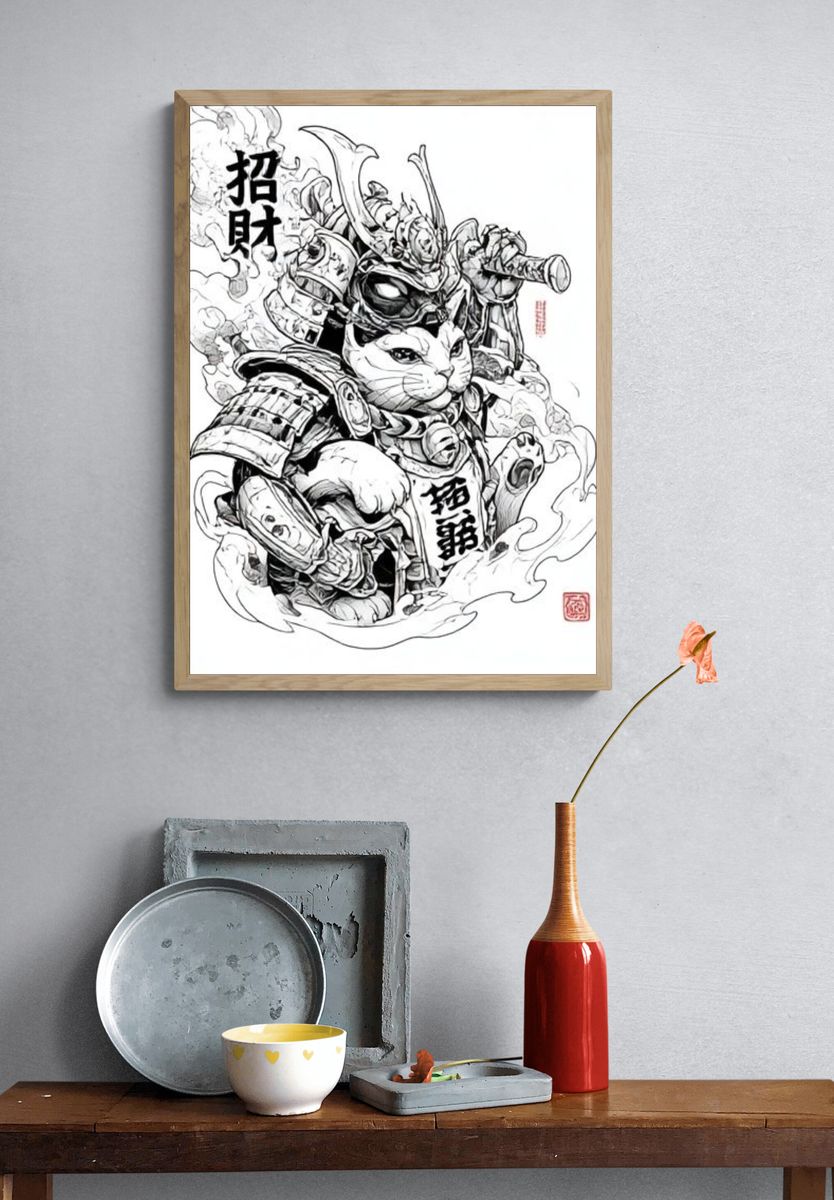 Samurai Cat Ink Illustration Poster. — room view 3