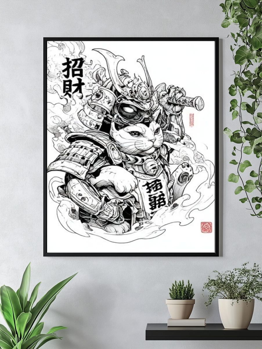Samurai Cat Ink Illustration Poster. — room view 4