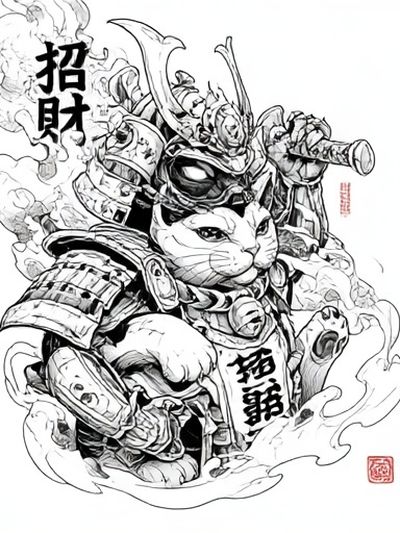 Samurai Cat Ink Illustration Poster.