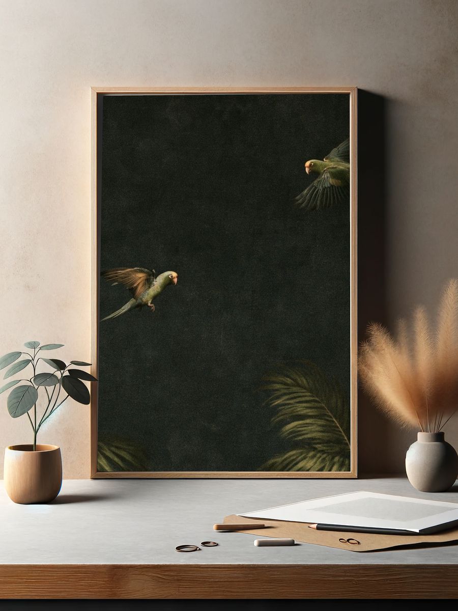 Tropical Parrots in Flight Poster. — room view 2