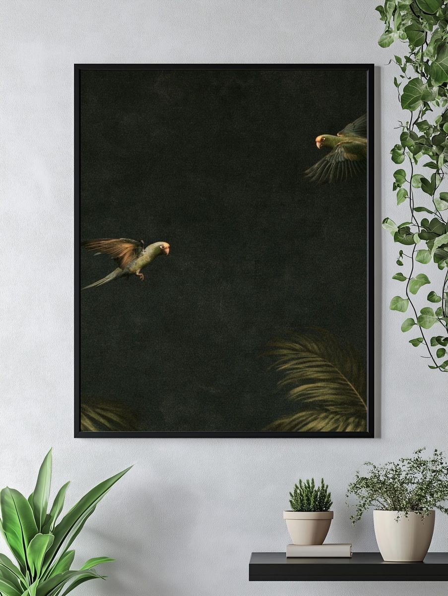 Tropical Parrots in Flight Poster. — room view 4