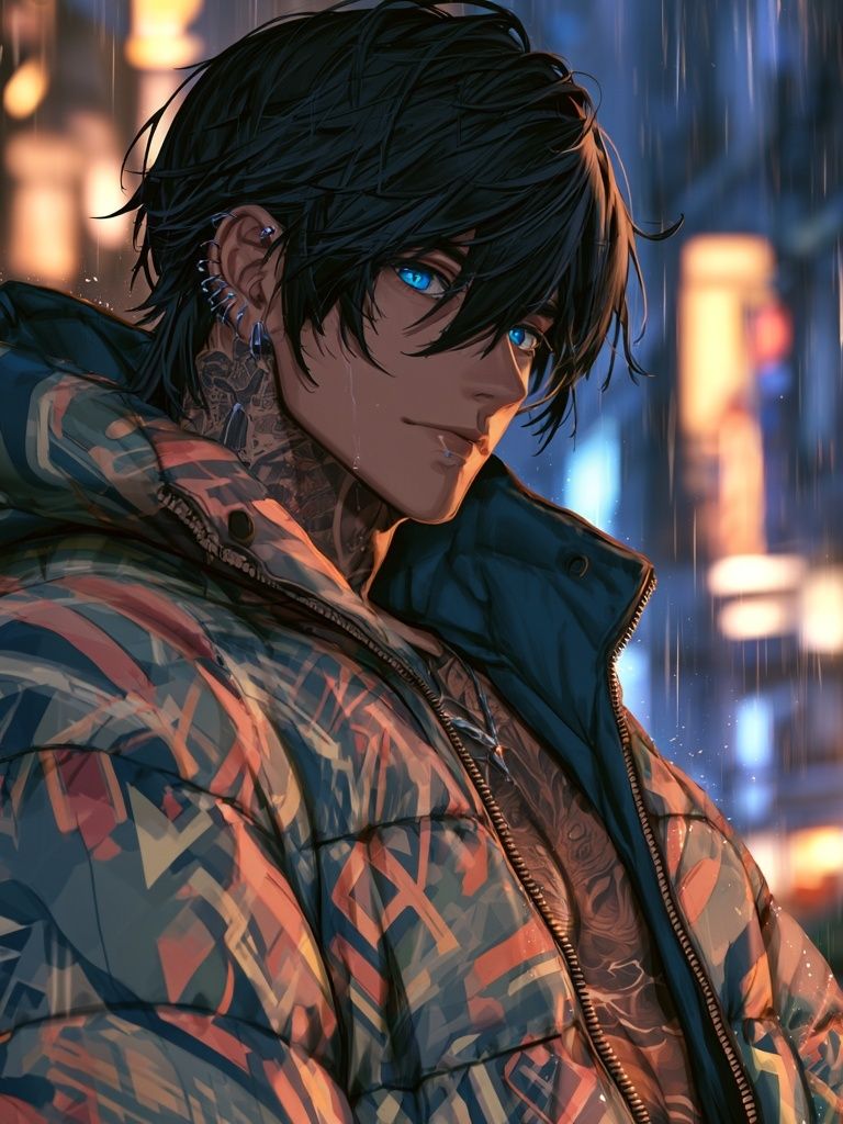 Rainy Neon Anime Portrait Poster. poster detail