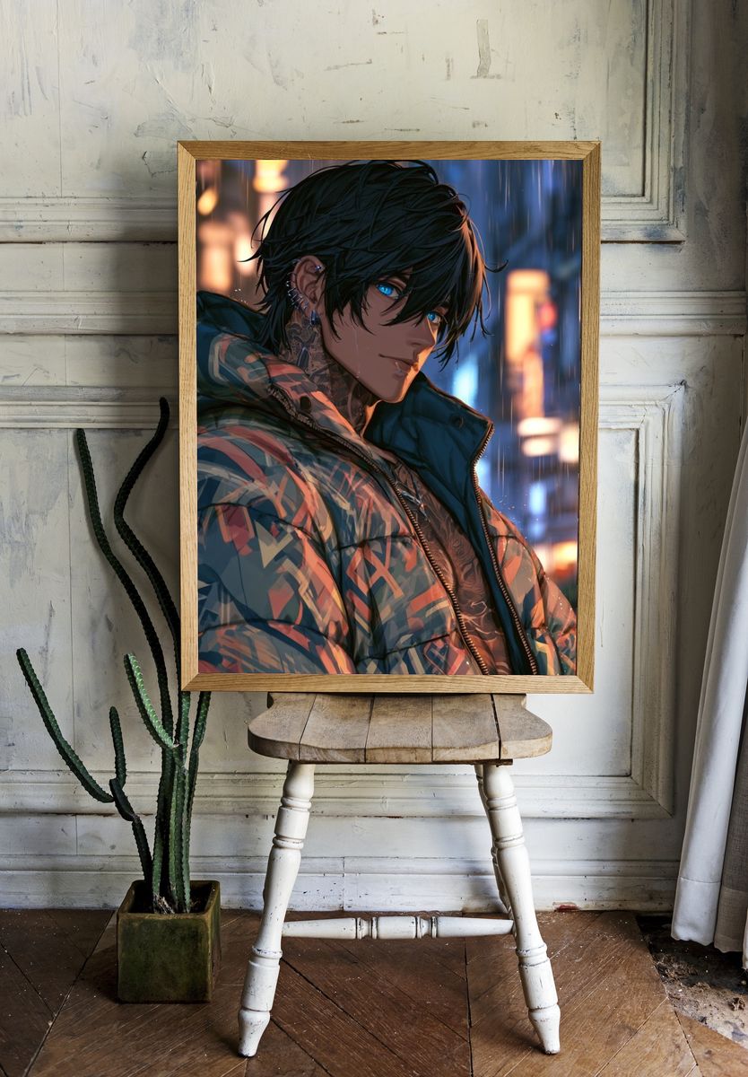 Rainy Neon Anime Portrait Poster. — room view 1