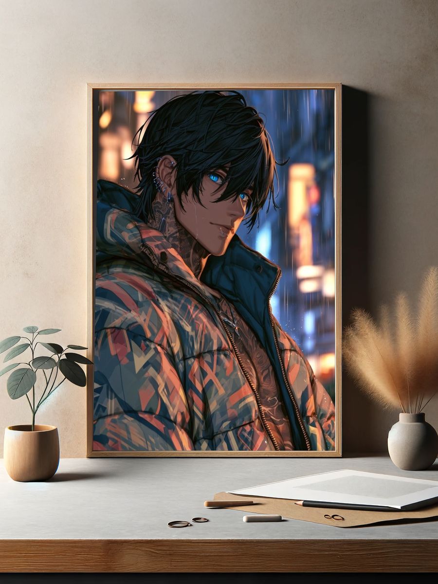 Rainy Neon Anime Portrait Poster. — room view 2