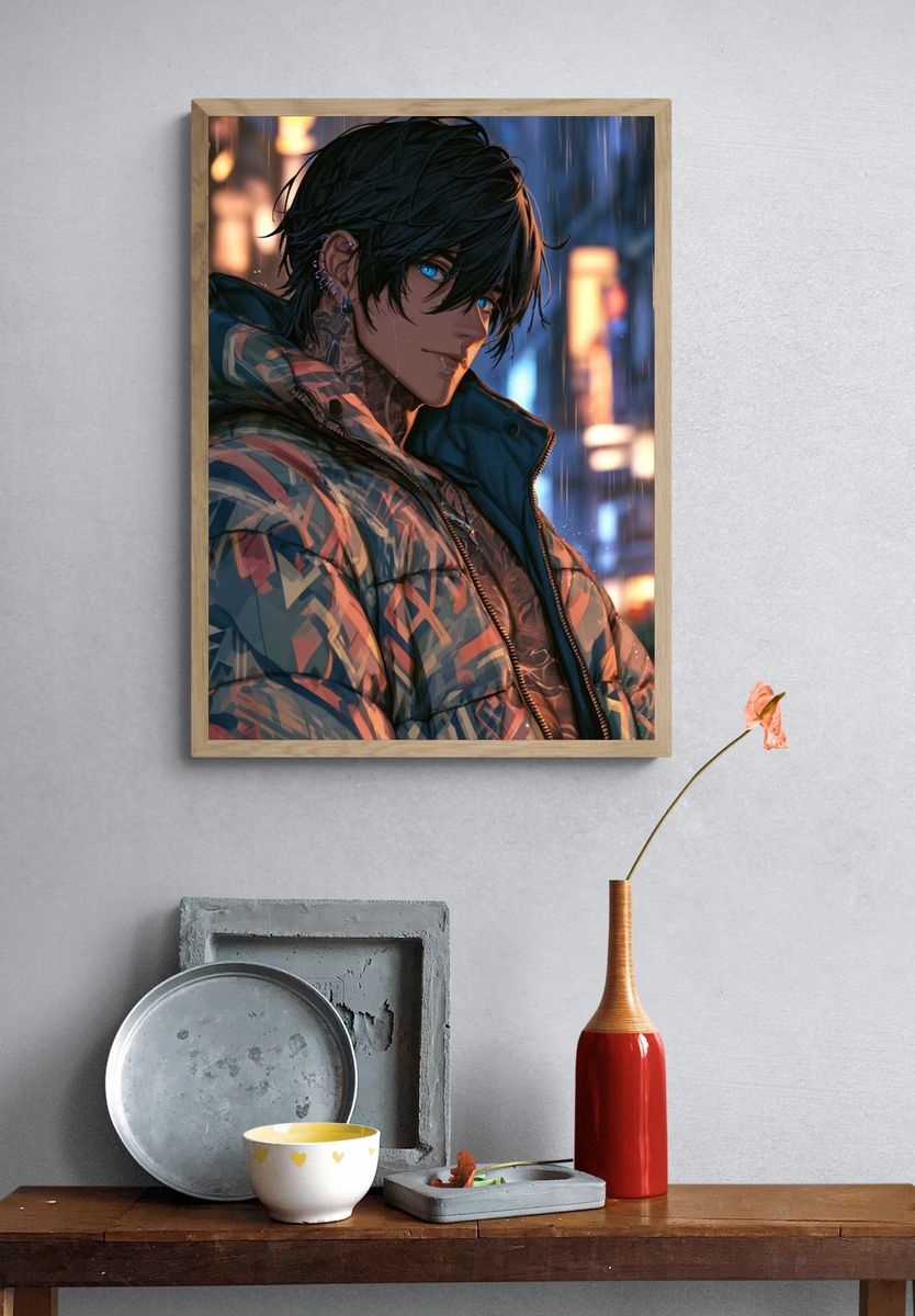 Rainy Neon Anime Portrait Poster. — room view 3