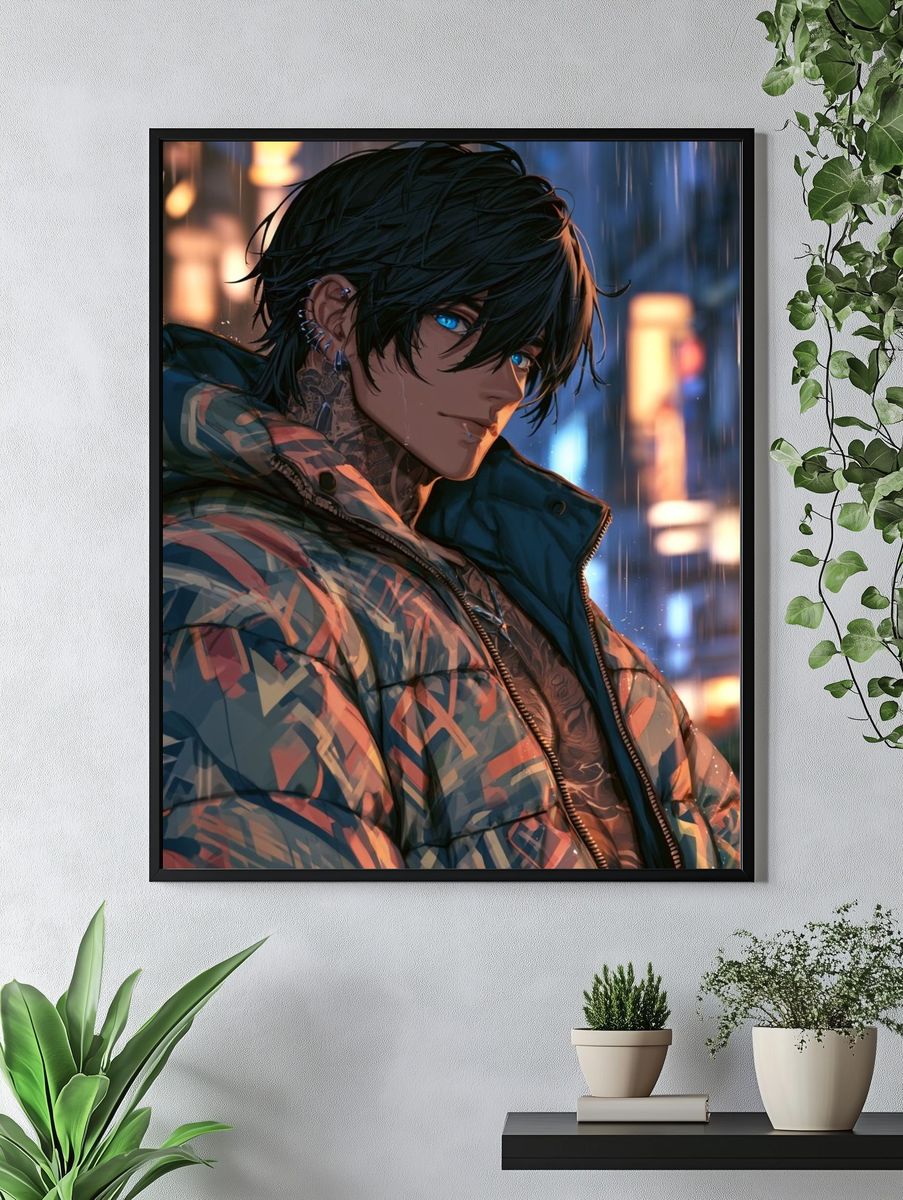 Rainy Neon Anime Portrait Poster. — room view 4