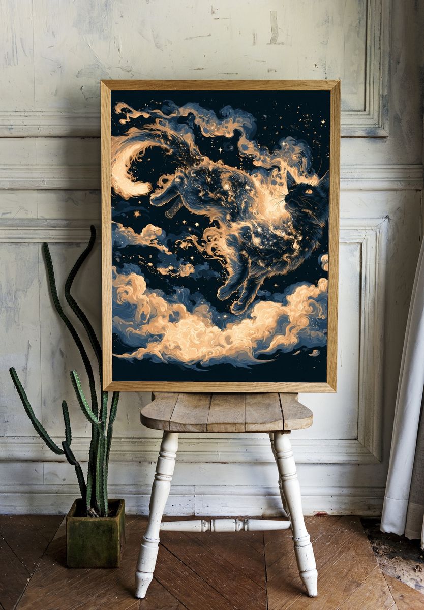 Celestial Black Cat Illustration Poster. — room view 1