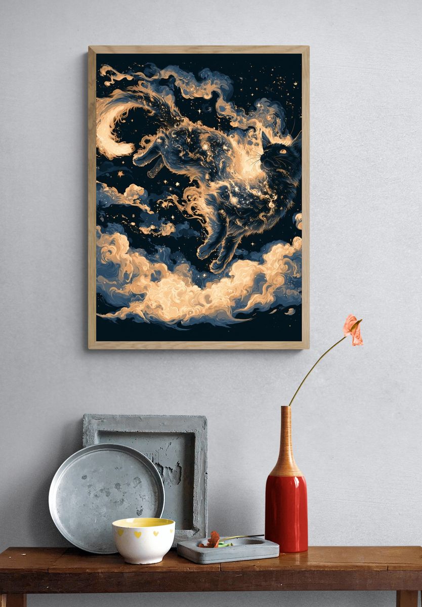 Celestial Black Cat Illustration Poster. — room view 3