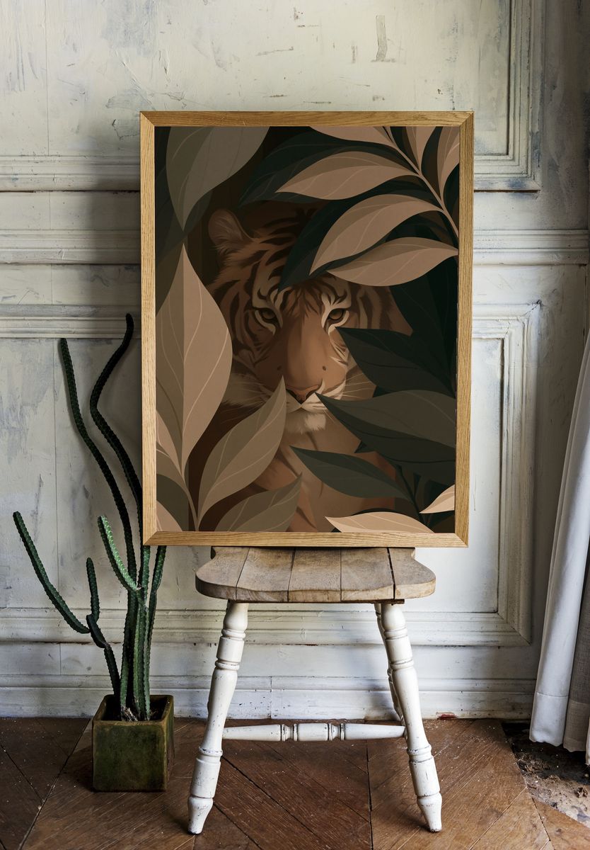Tiger in Leaves Illustration Poster. — room view 1