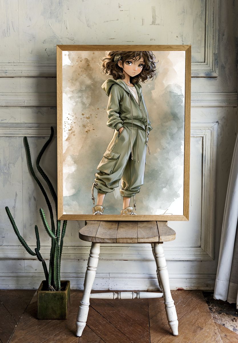 Curly-Haired Anime Girl Print. — room view 1