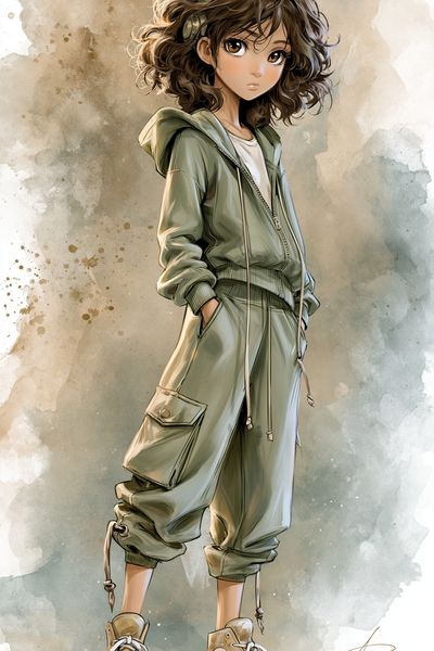 Curly-Haired Anime Girl Print. poster