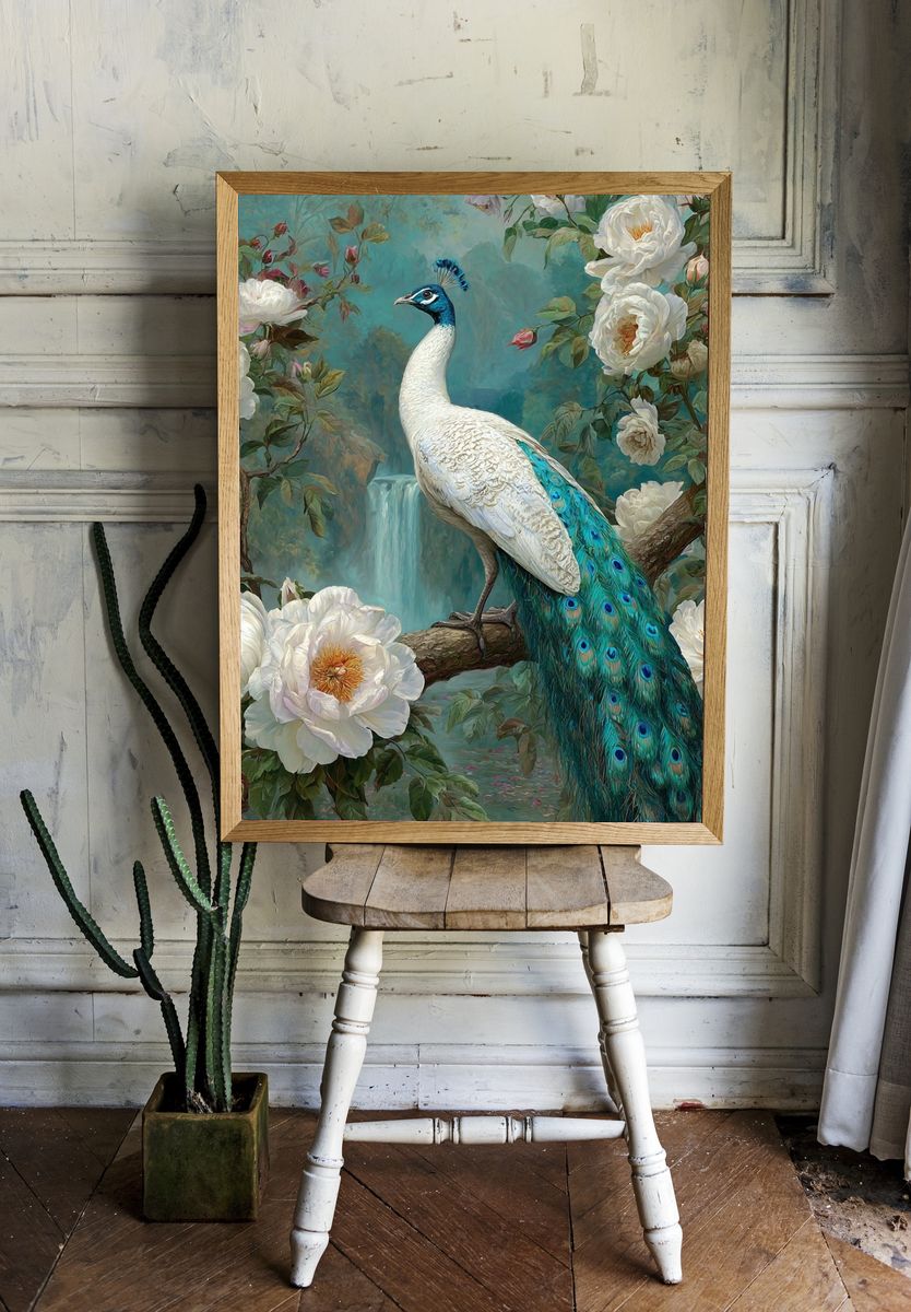 Peacock in Bloom Illustration Poster. — room view 1