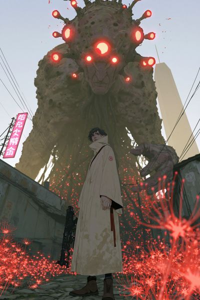 Kaiju Street Encounter Illustration Poster. poster