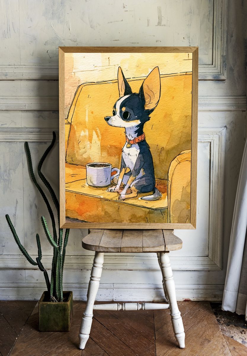 Chihuahua on Couch Watercolor Poster. — room view 1