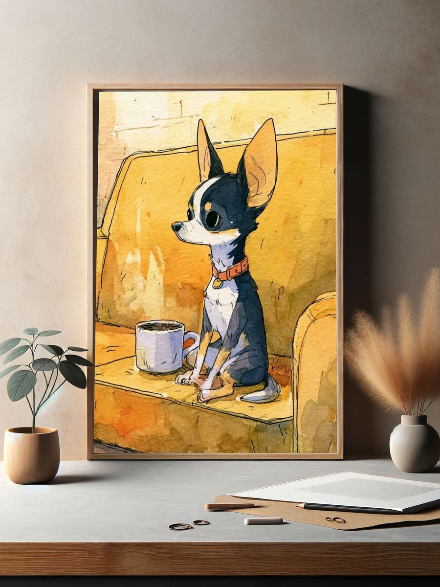 Chihuahua on Couch Watercolor Poster. — room view 2