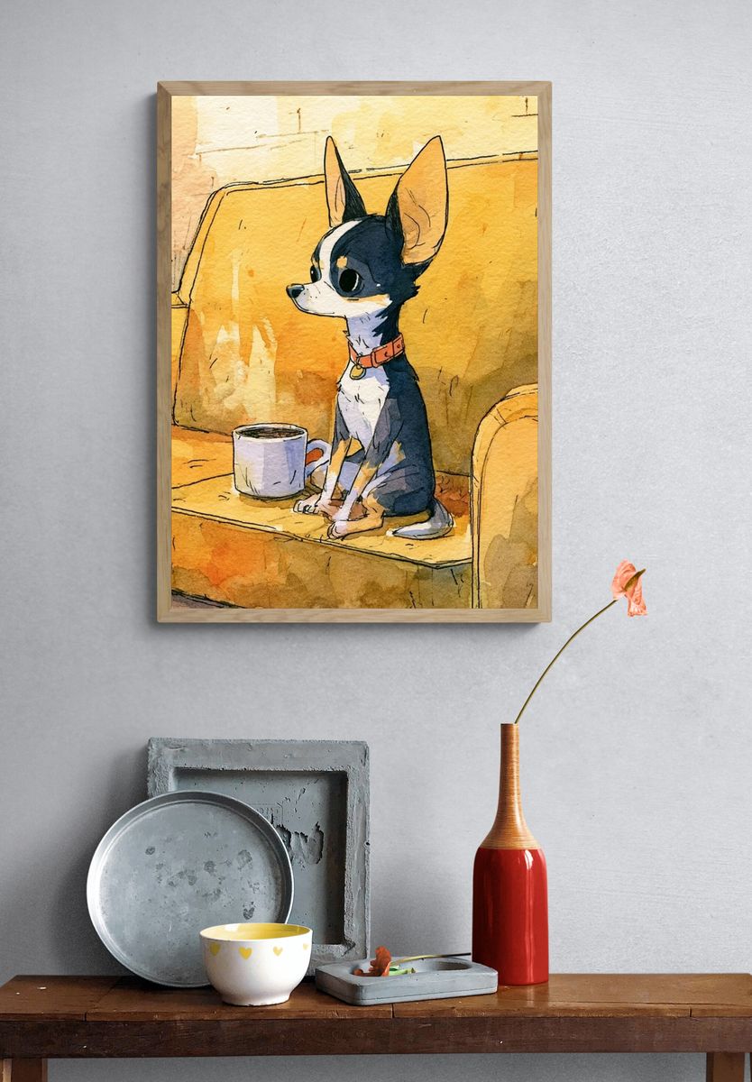 Chihuahua on Couch Watercolor Poster. — room view 3