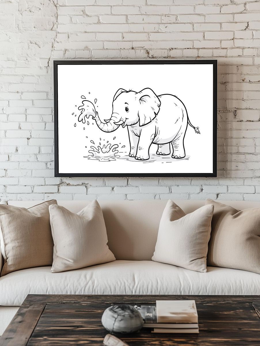 Playful Elephant Ink Poster. — room view 1