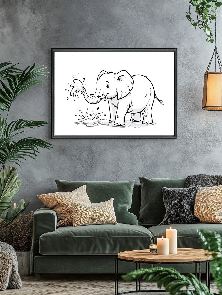 Playful Elephant Ink Poster. — room view 4