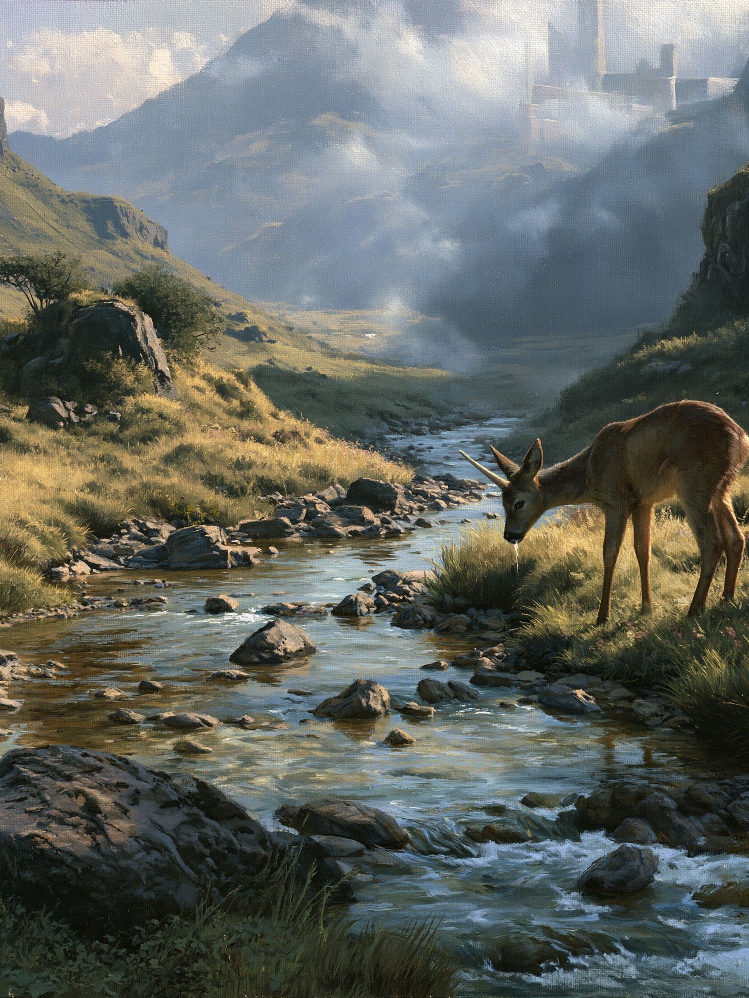 Deer by Mountain Stream Poster. poster detail
