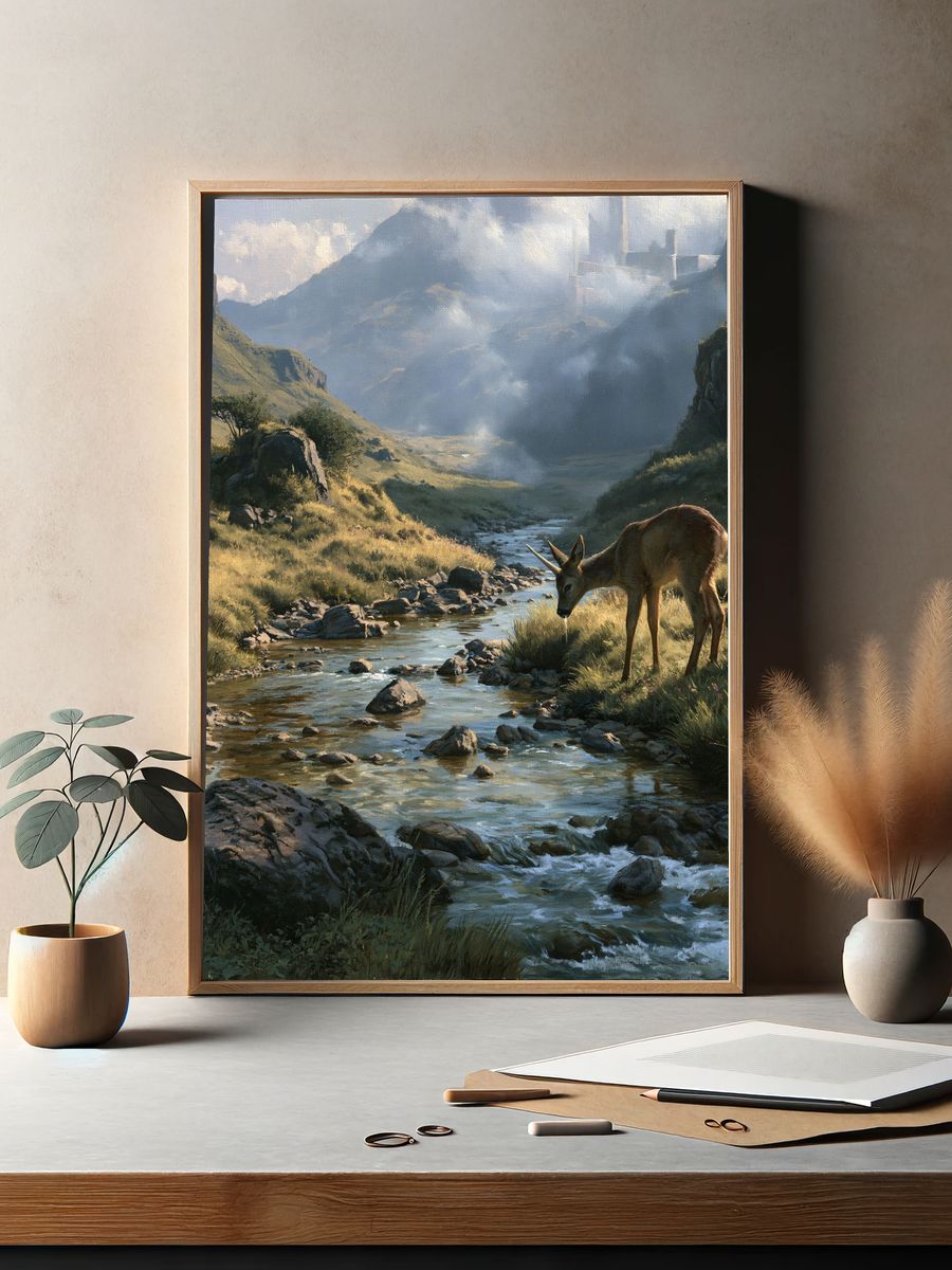 Deer by Mountain Stream Poster. — room view 2