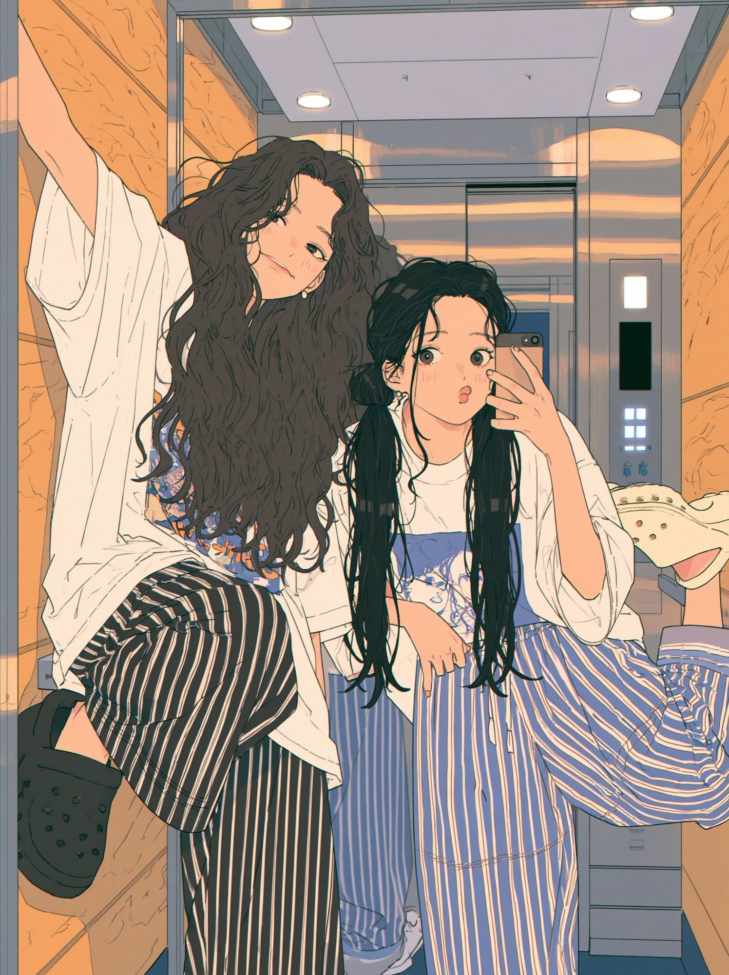 Elevator Selfie Girls Illustration Poster. poster detail