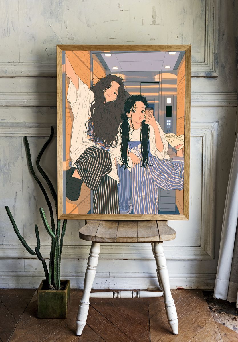 Elevator Selfie Girls Illustration Poster. room preview