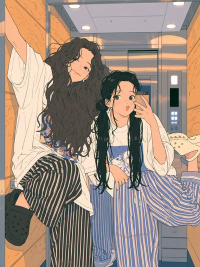 Elevator Selfie Girls Illustration Poster. poster